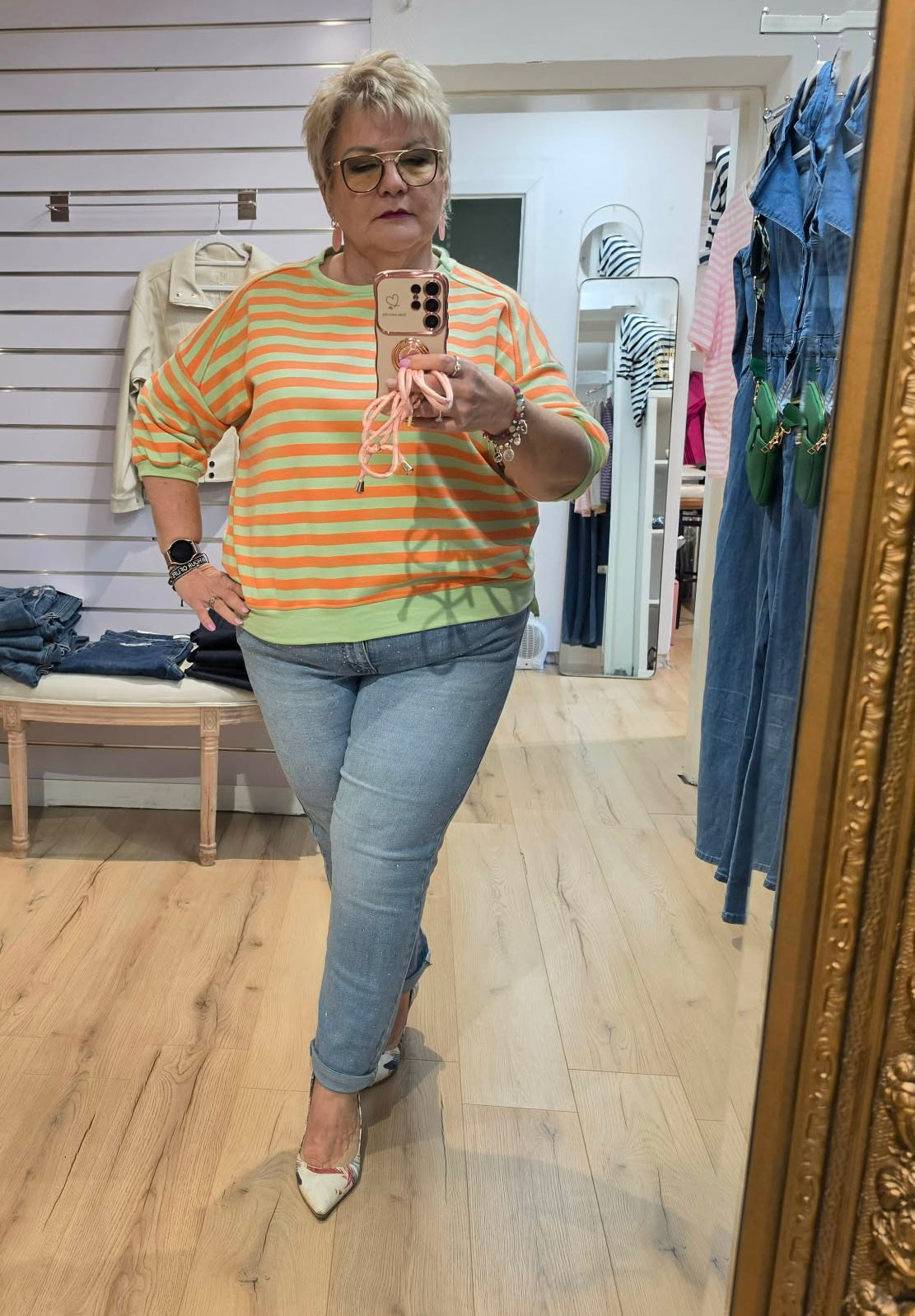 Sweat ligné vert/orange