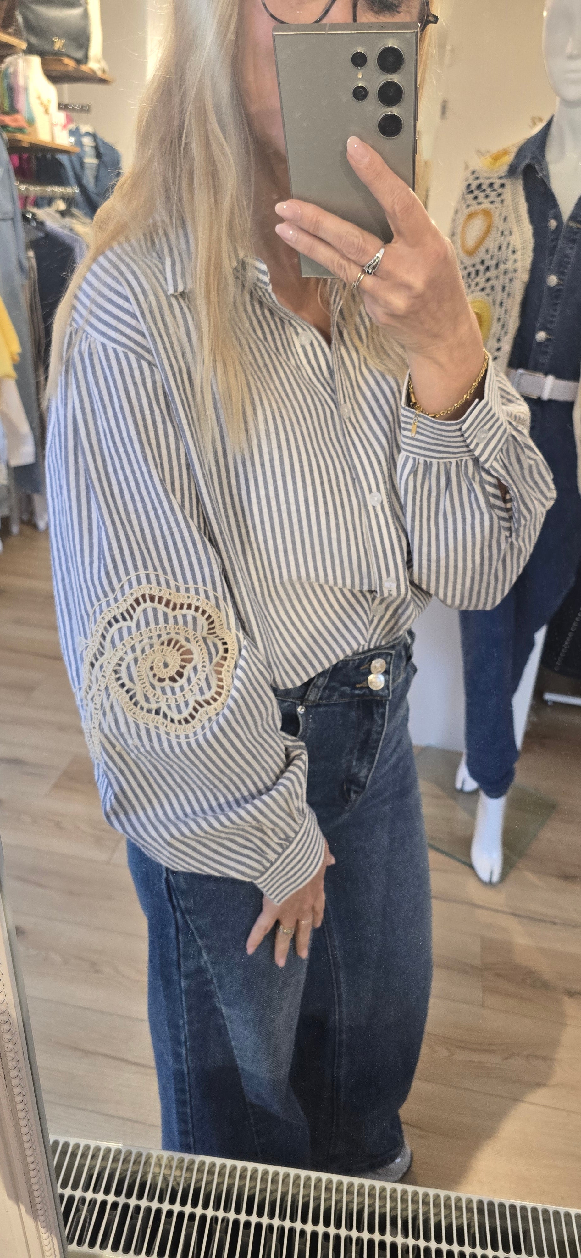 Chemise ligné bleu/gris et blanc