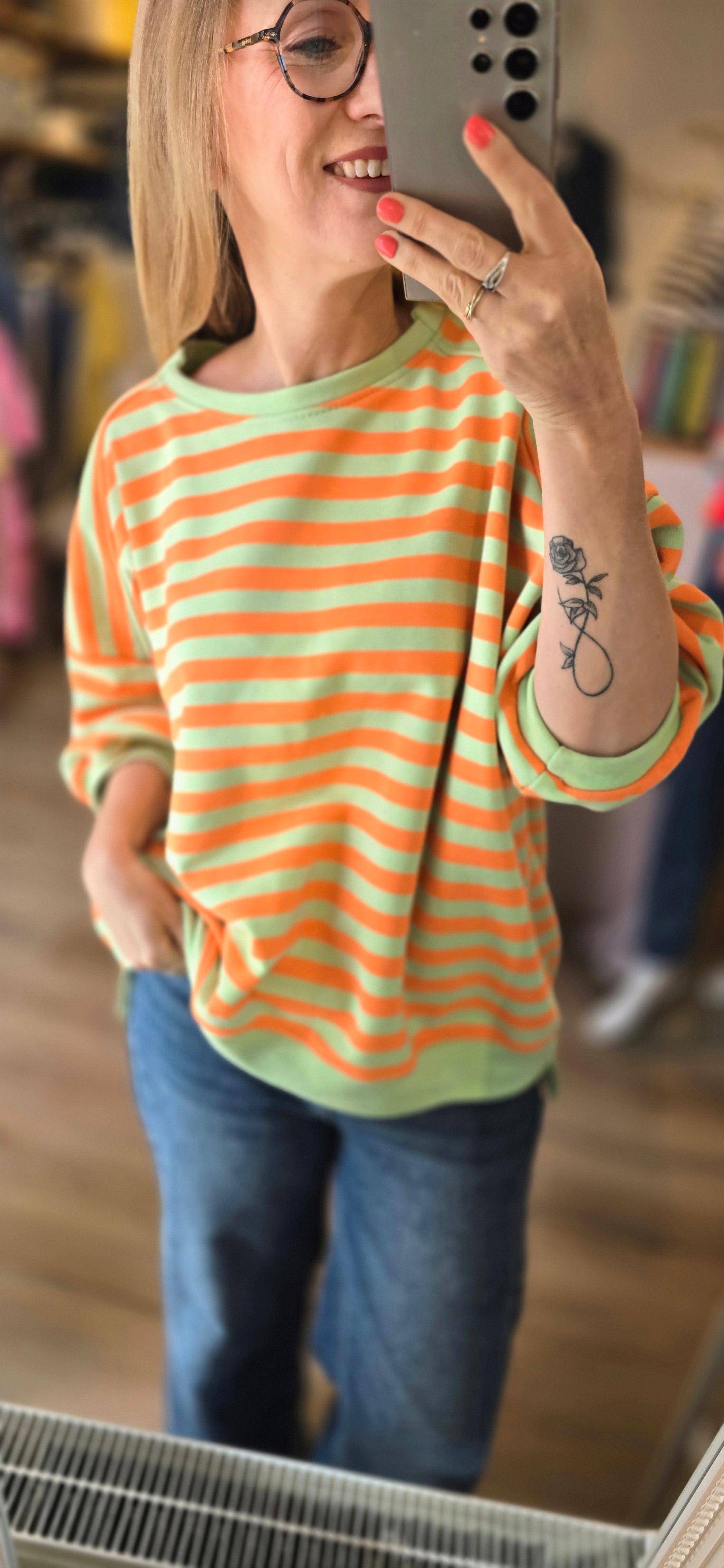 Sweat ligné vert/orange