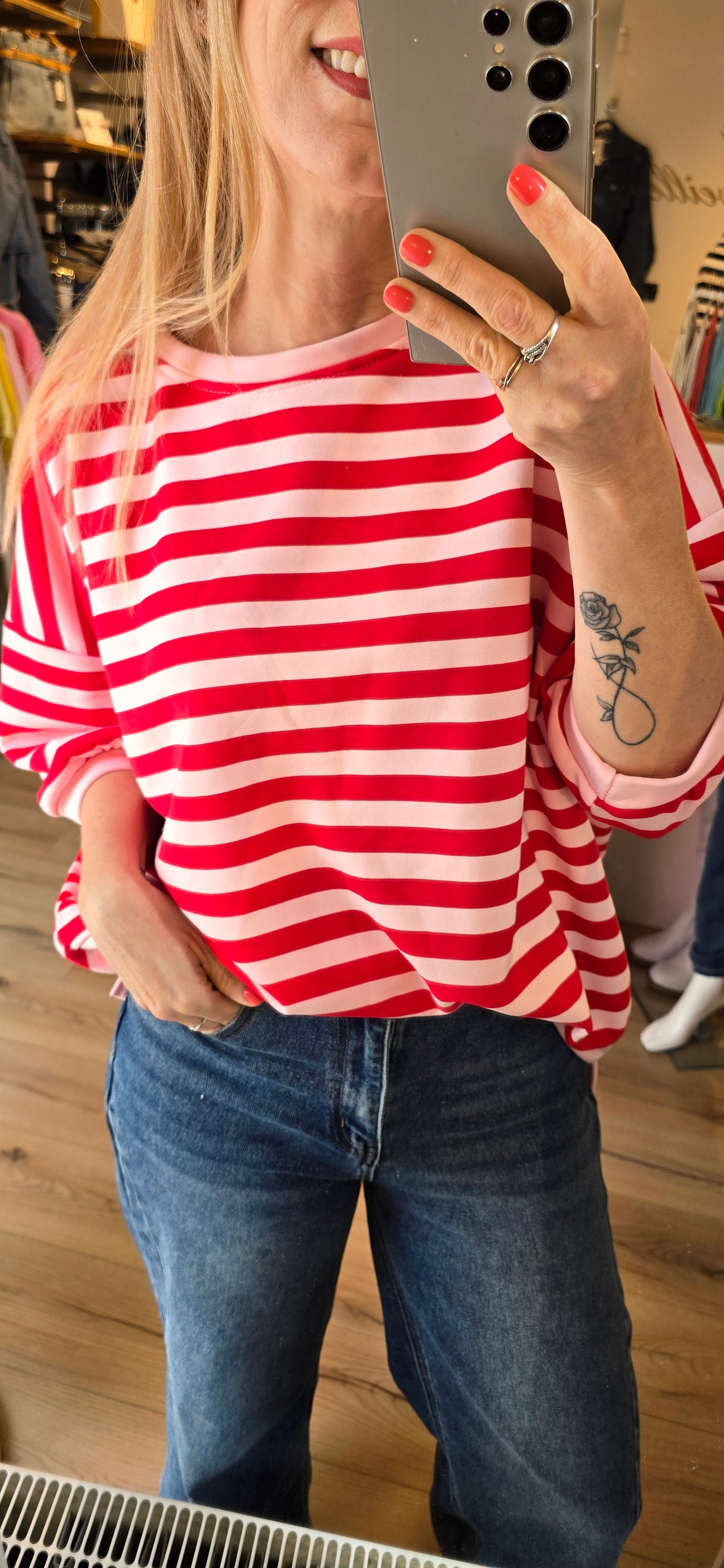 Sweat ligné rouge/rose